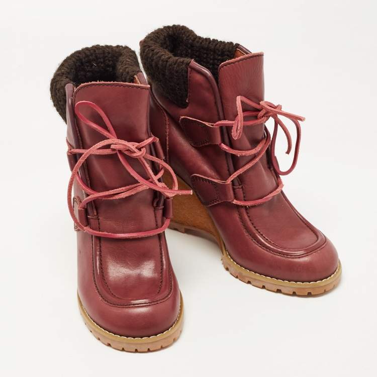 Pre Owned See by Chloe Burgundy Leather Wedge Ankle Boots Size 37