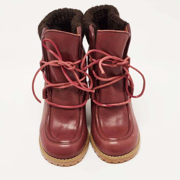 Pre Owned See by Chloe Burgundy Leather Wedge Ankle Boots Size 37