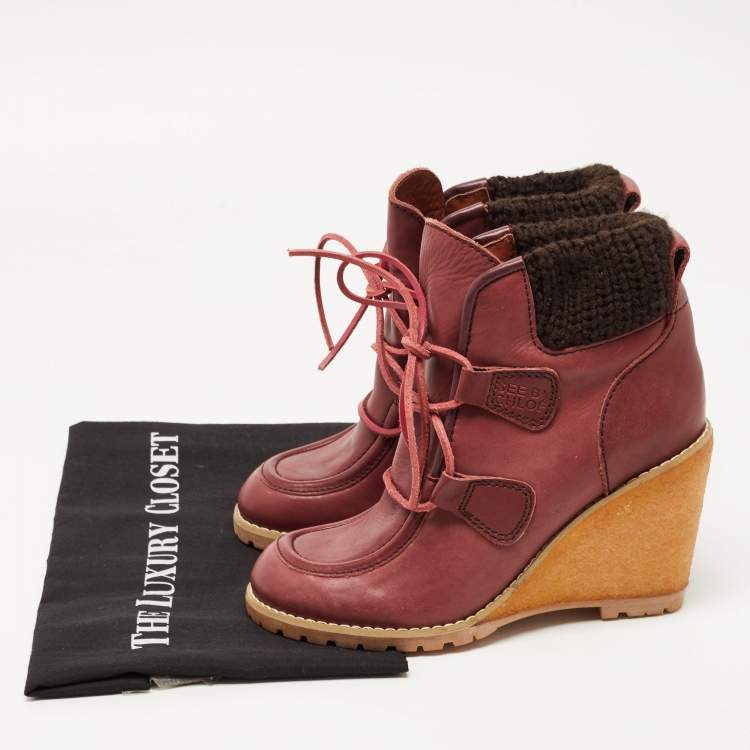 Pre Owned See by Chloe Burgundy Leather Wedge Ankle Boots Size 37
