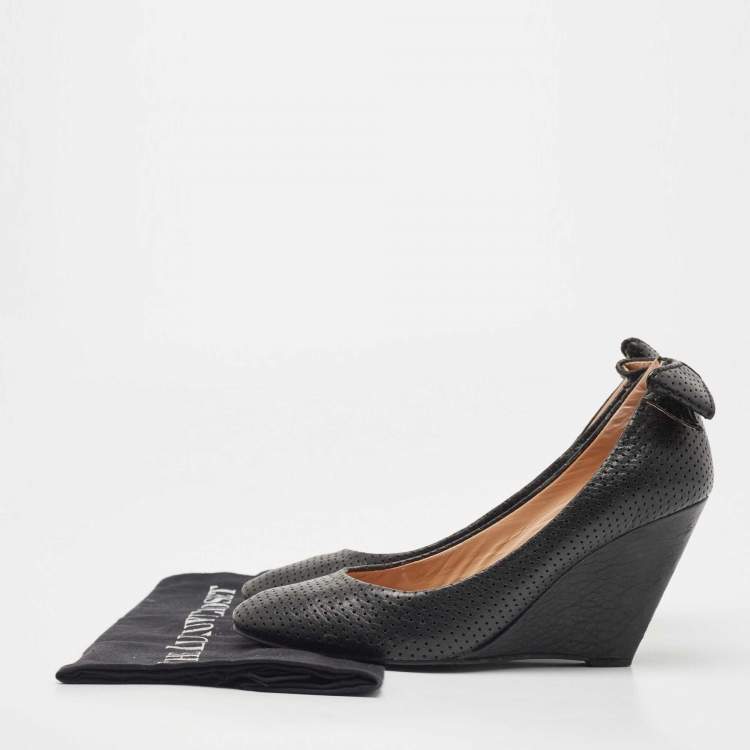 Pre Owned See by Chloe Black Perforated Leather Bow Wedge Pumps Size 38