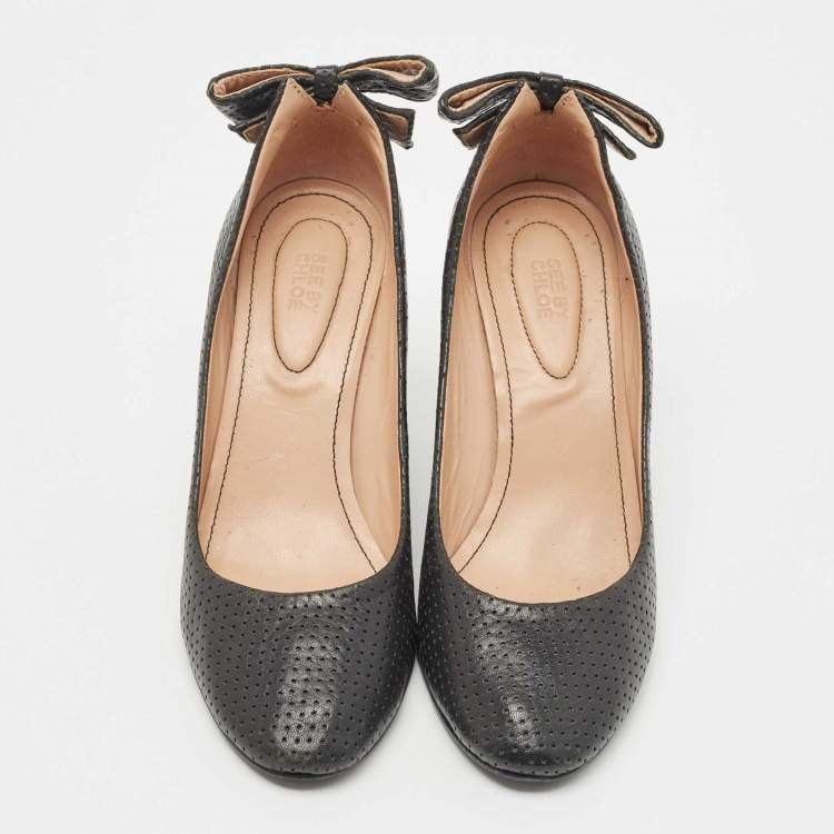 Pre Owned See by Chloe Black Perforated Leather Bow Wedge Pumps Size 38