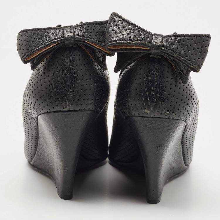 Pre Owned See by Chloe Black Perforated Leather Bow Wedge Pumps Size 38