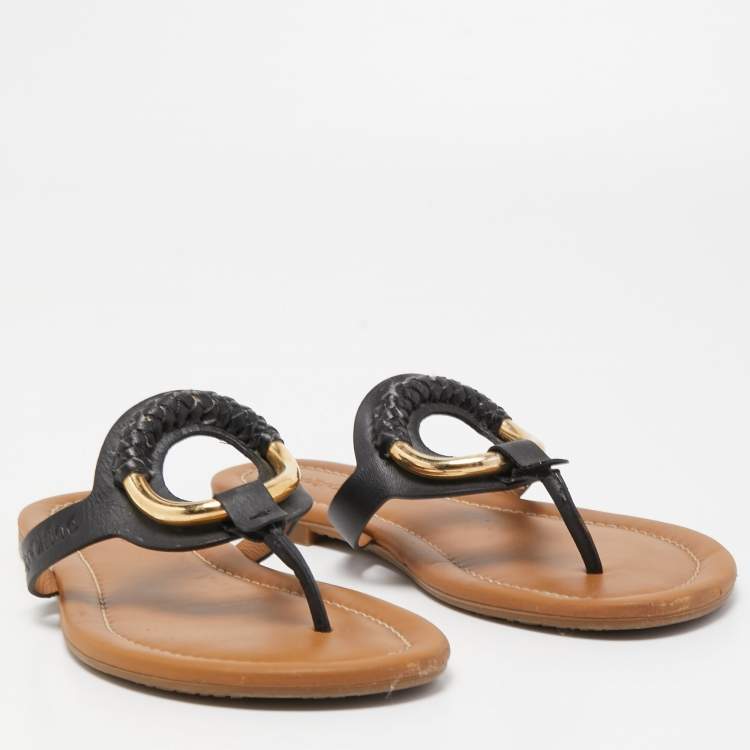 Pre Owned See by Chloe Black Leather Thong Flats Size 39