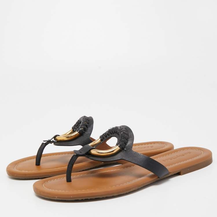 Pre Owned See by Chloe Black Leather Thong Flats Size 39