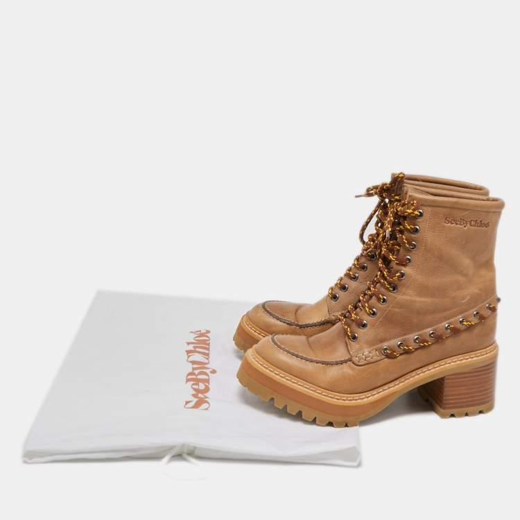 Pre Owned See by Chloe Beige Leather Ankle Lace Up Boots Size 39