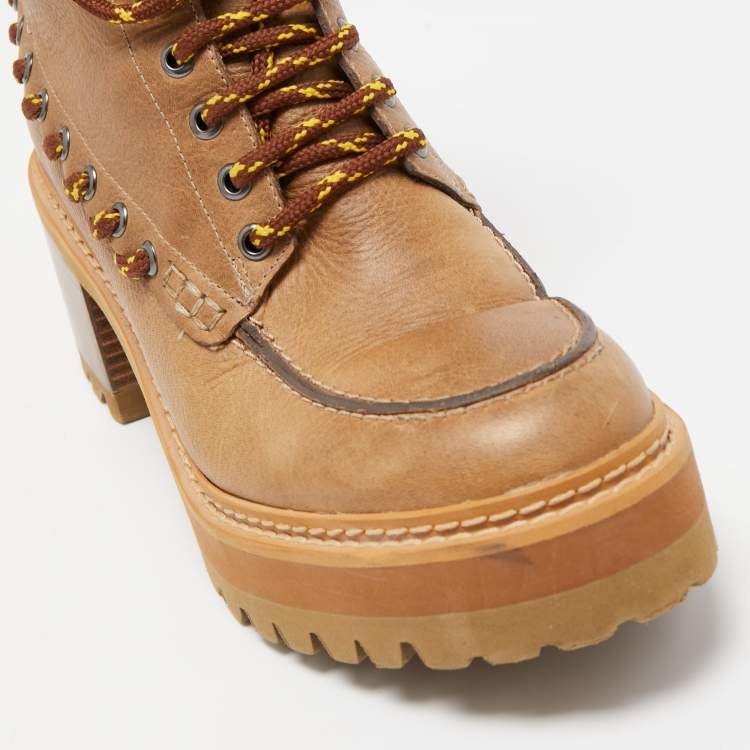 Pre Owned See by Chloe Beige Leather Ankle Lace Up Boots Size 39