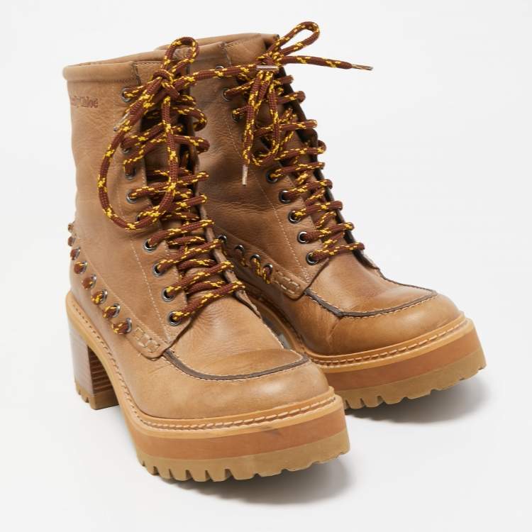 Pre Owned See by Chloe Beige Leather Ankle Lace Up Boots Size 39