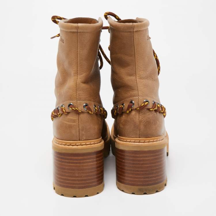 Pre Owned See by Chloe Beige Leather Ankle Lace Up Boots Size 39