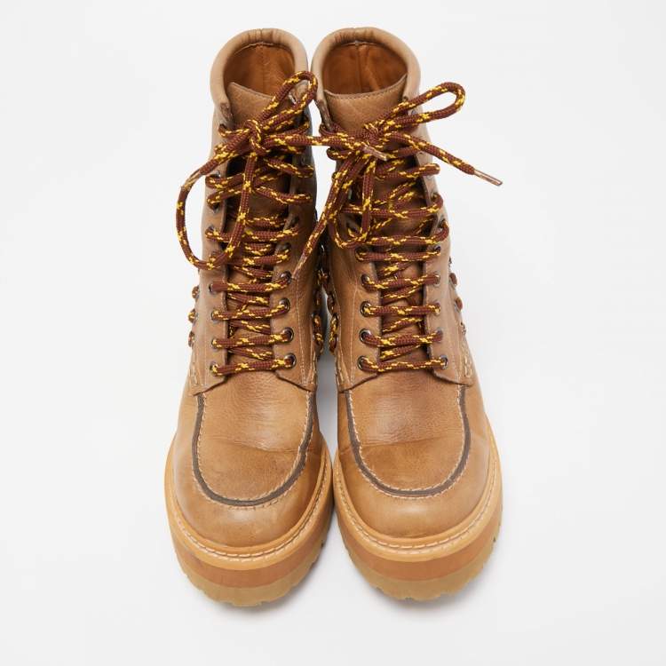Pre Owned See by Chloe Beige Leather Ankle Lace Up Boots Size 39