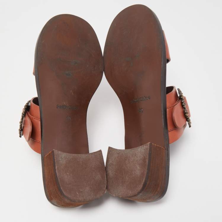 Pre Owned See by Chloe Brown Leather Buckle Detail Sandals Size 40