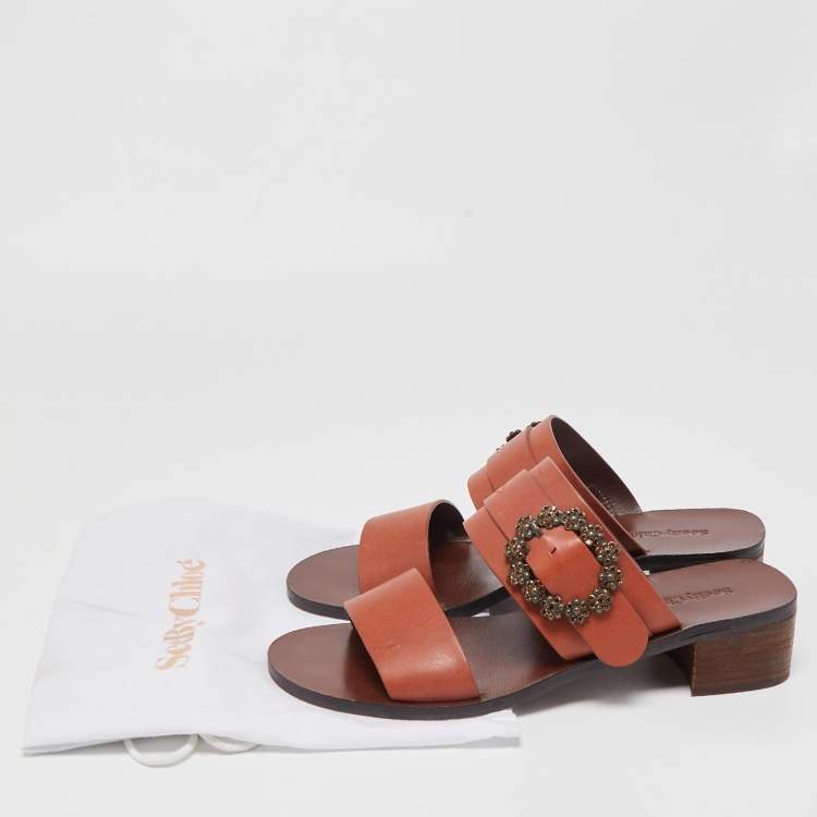 Pre Owned See by Chloe Brown Leather Buckle Detail Sandals Size 40