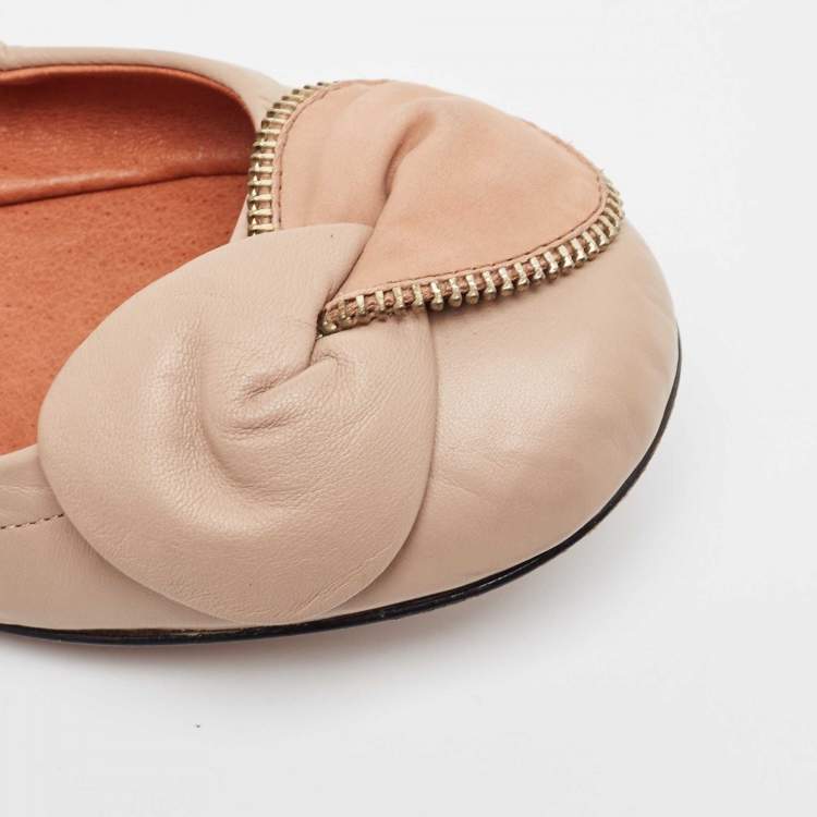 Pre Owned See by Chloe Beige Leather Scrunch Bow Ballet Flats Size 39.5