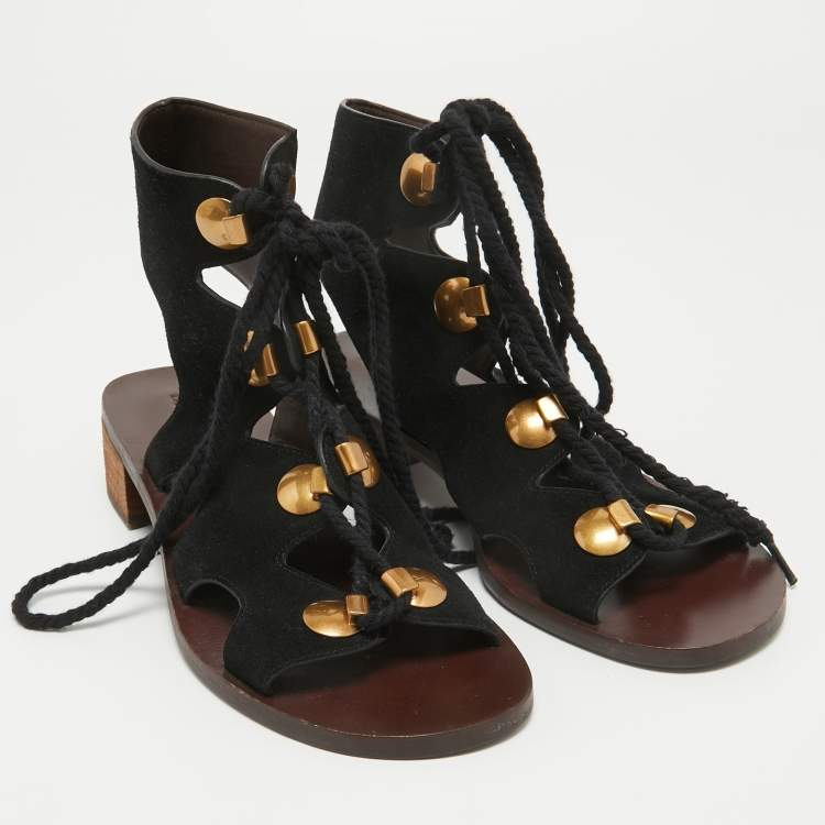 Pre Owned See by Chloe Black Suede Ankle Wrap Sandals Size 38