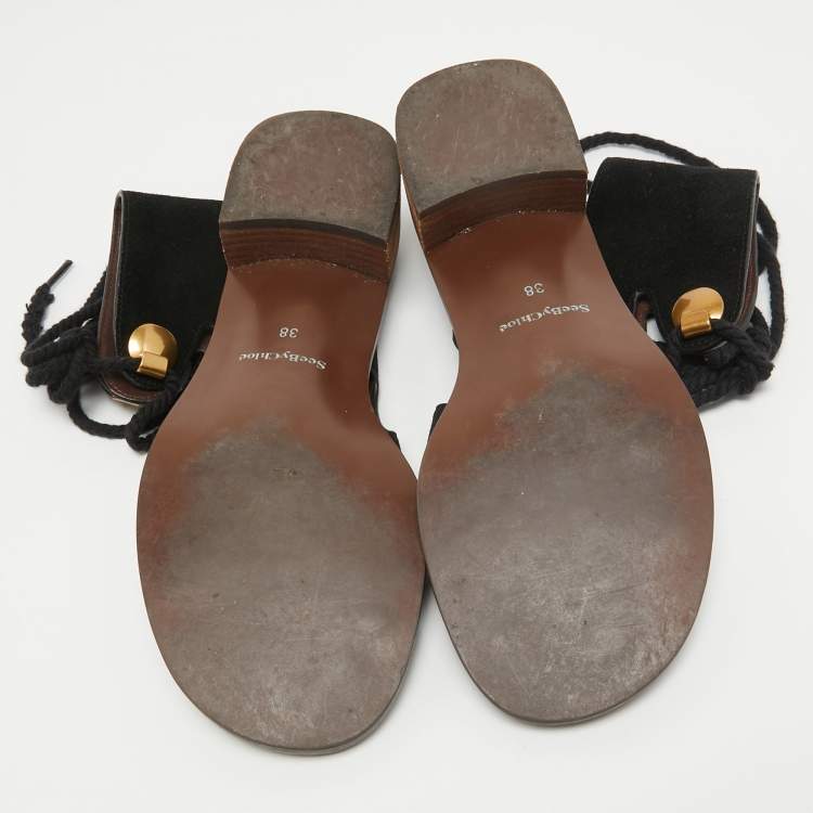 Pre Owned See by Chloe Black Suede Ankle Wrap Sandals Size 38