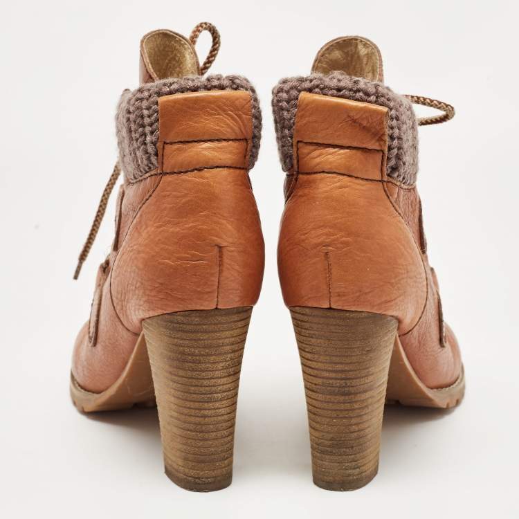 Pre Owned See by Chloe Brown Leather Lace Up Ankle Boots Size 37