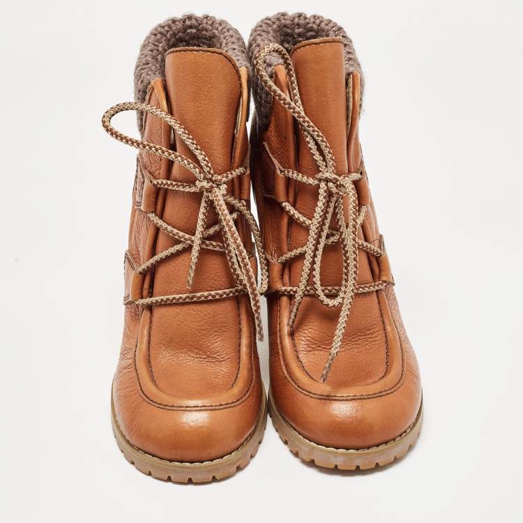 Pre Owned See by Chloe Brown Leather Lace Up Ankle Boots Size 37
