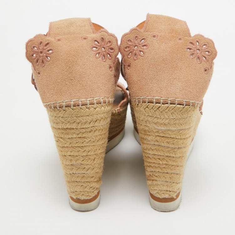 Pre Owned See by Chloe Pink/Beige Leather and Suede Wedge Espadrille Sandals Size 39