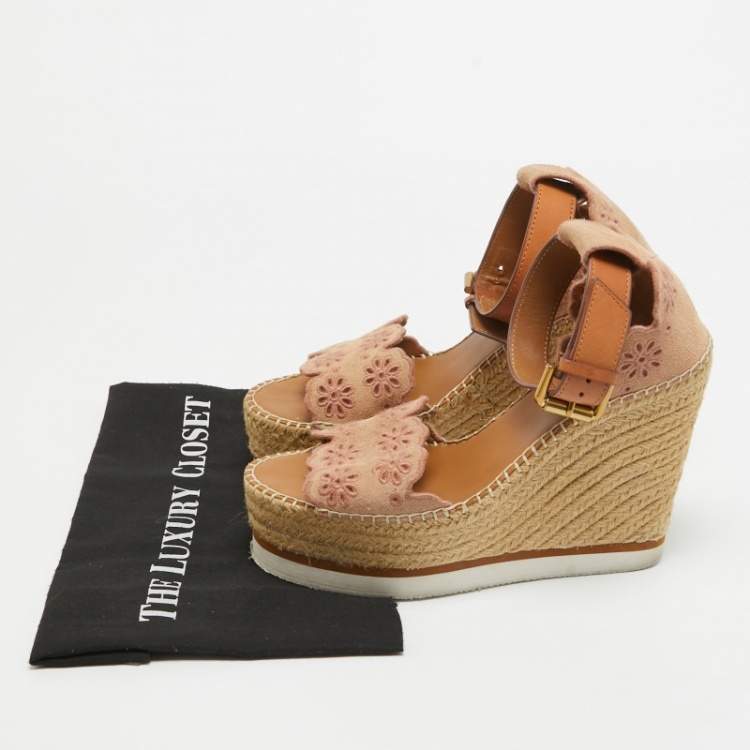 Pre Owned See by Chloe Pink/Beige Leather and Suede Wedge Espadrille Sandals Size 39