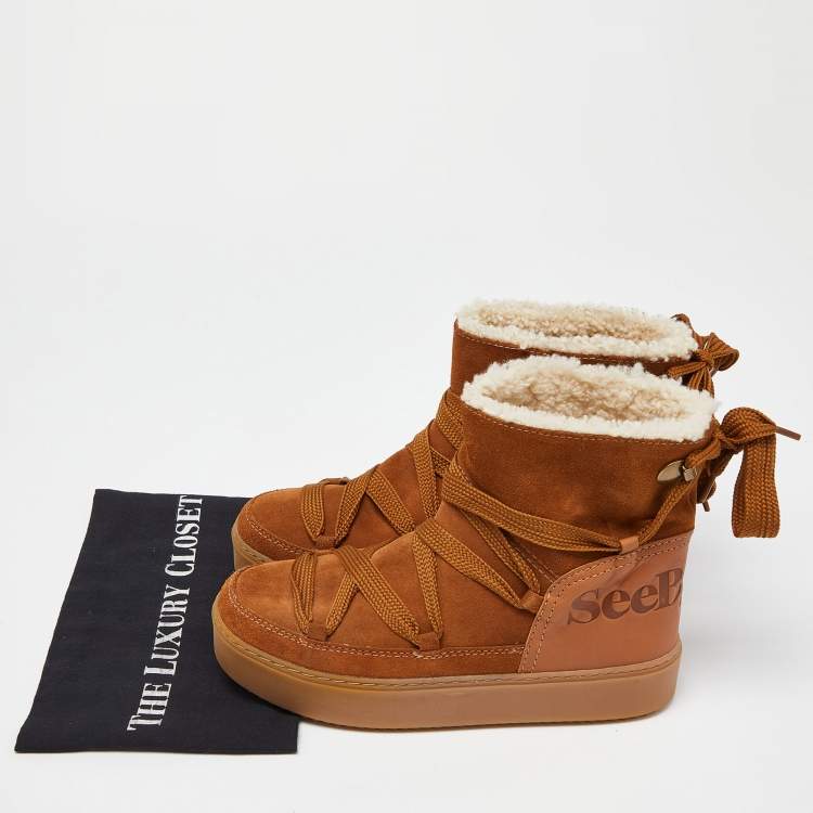 Pre Owned See by Chloe Brown Suede Lace Up Flat Ankle Boots Size 39