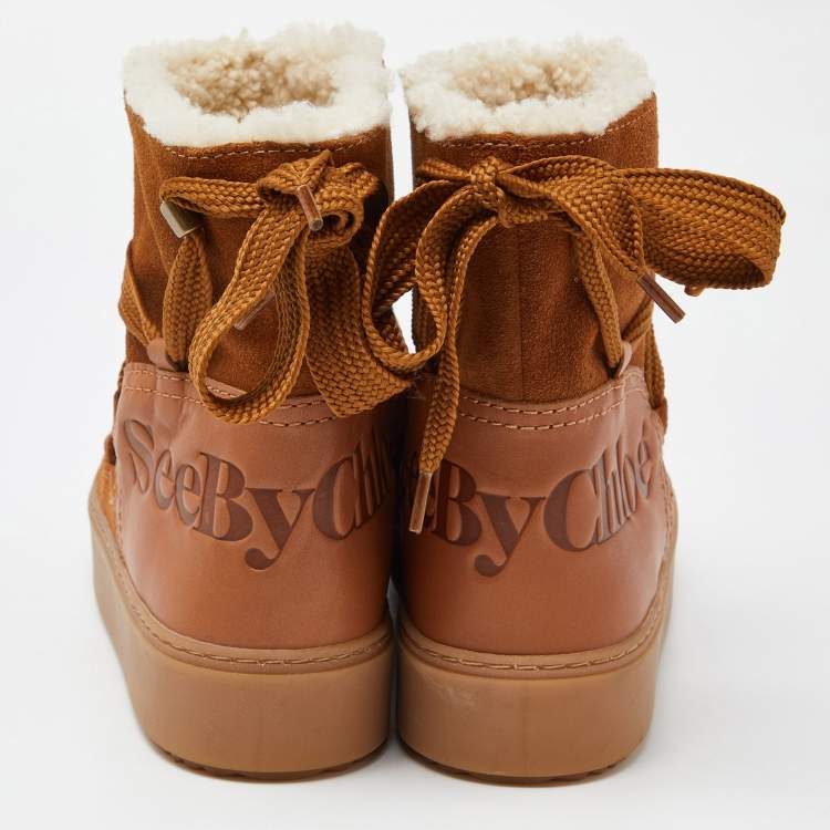 Pre Owned See by Chloe Brown Suede Lace Up Flat Ankle Boots Size 39