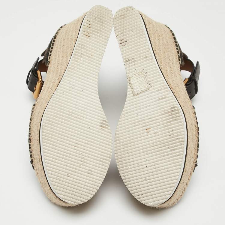 Pre Owned See by Chloe Black Suede and Leather Floral Lasercut Espadrille Wedge Sandals Size 40