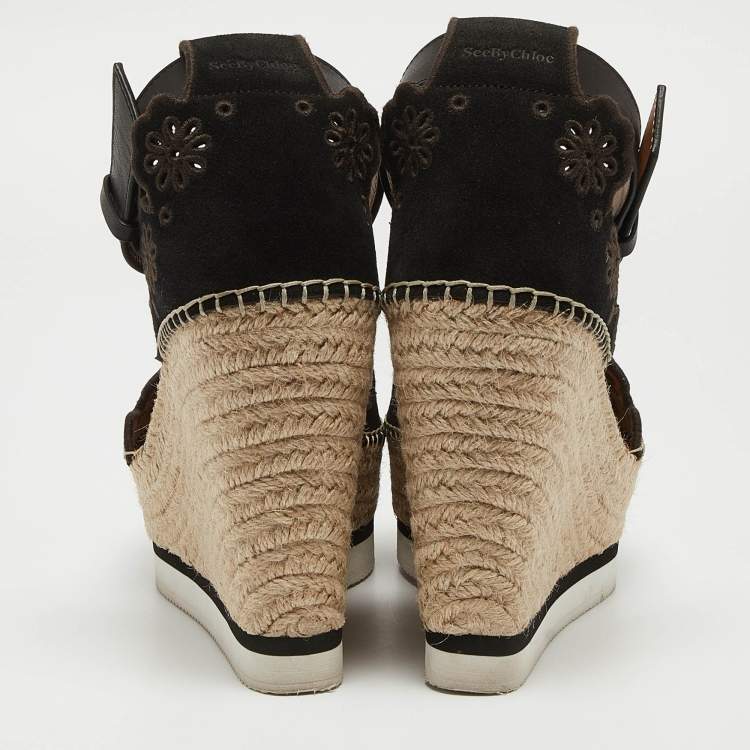 Pre Owned See by Chloe Black Suede and Leather Floral Lasercut Espadrille Wedge Sandals Size 40