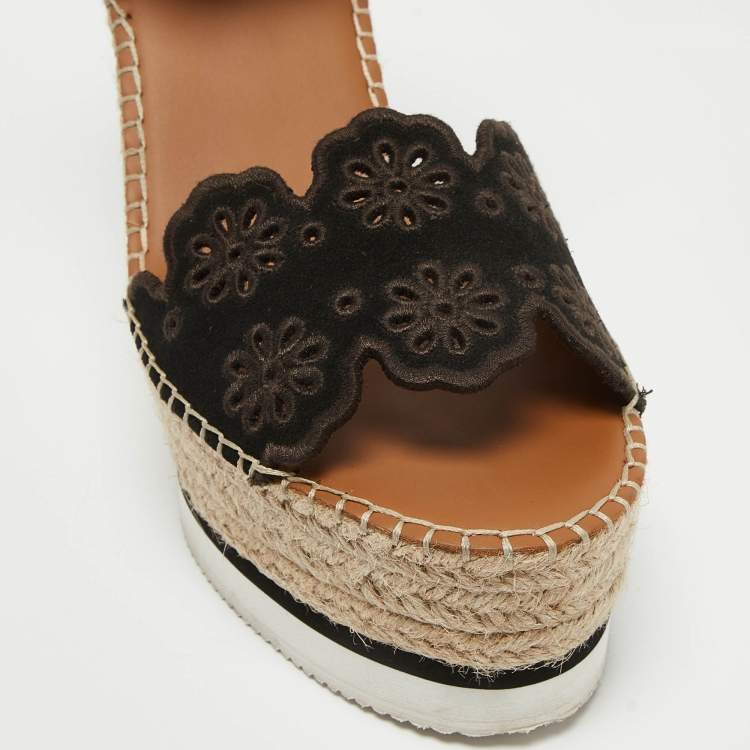 Pre Owned See by Chloe Black Suede and Leather Floral Lasercut Espadrille Wedge Sandals Size 40