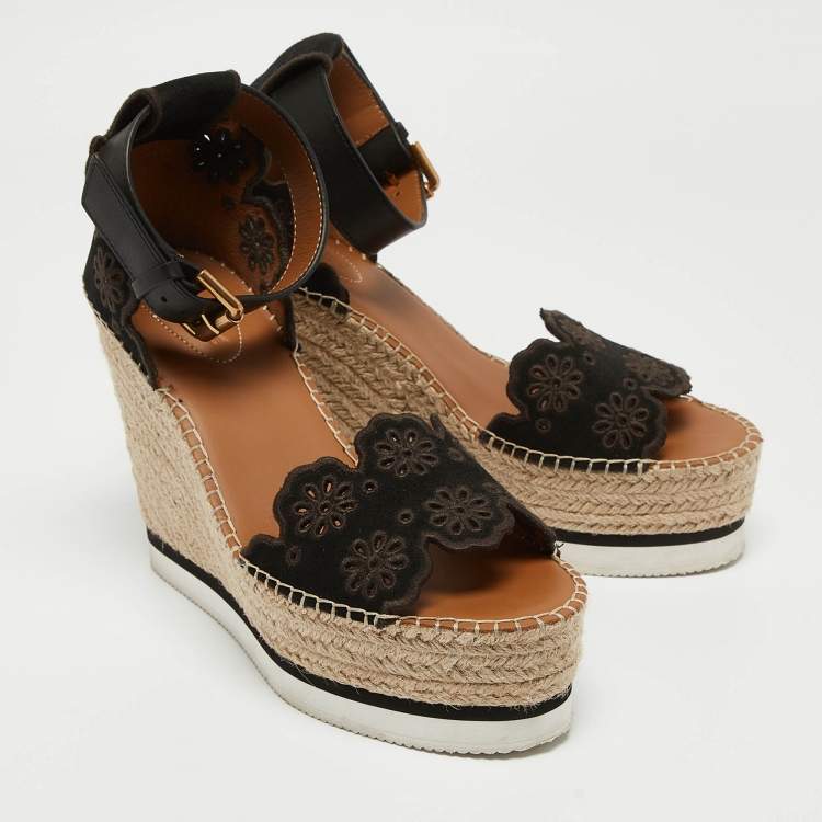 Pre Owned See by Chloe Black Suede and Leather Floral Lasercut Espadrille Wedge Sandals Size 40