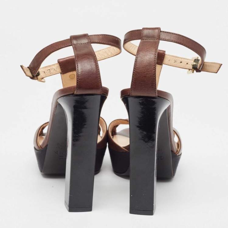 Pre Owned See by Chloe Brown/Black Canvas and Leather Ankle Strap Sandals Size 38