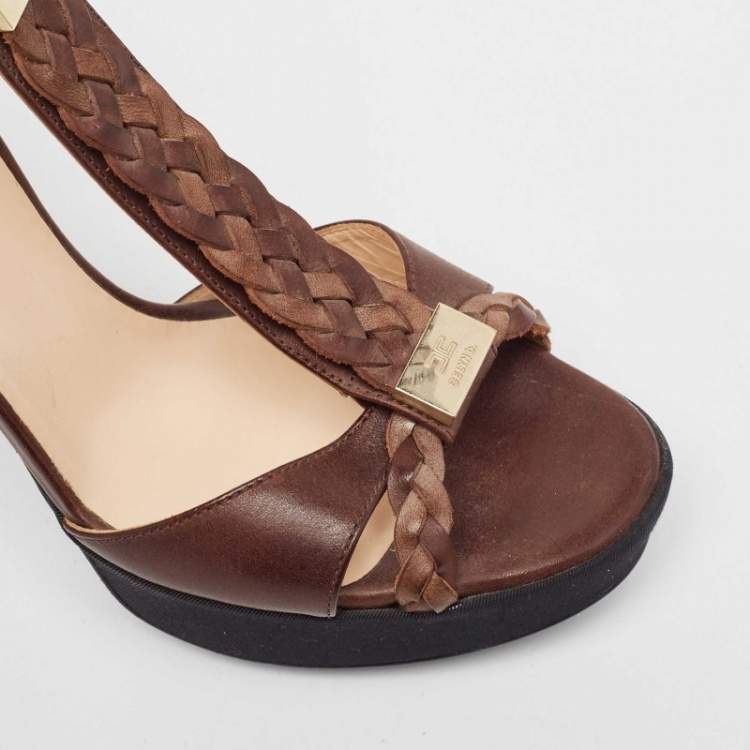 Pre Owned See by Chloe Brown/Black Canvas and Leather Ankle Strap Sandals Size 38