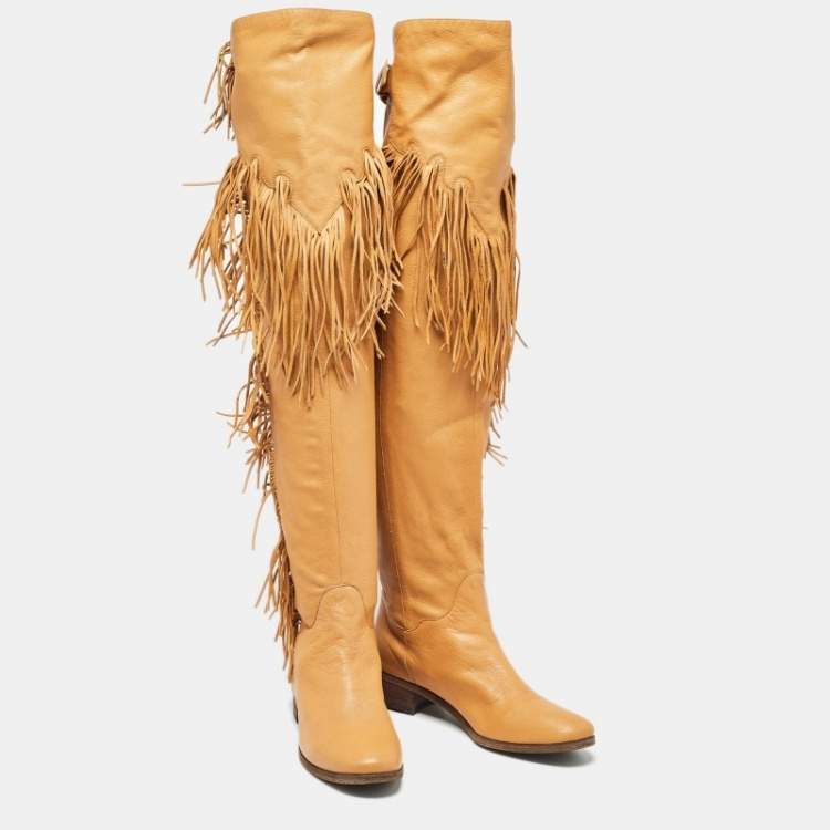Pre Owned See by Chloe Brown Leather Fringe Details Over The Knee Length Boots Size 39