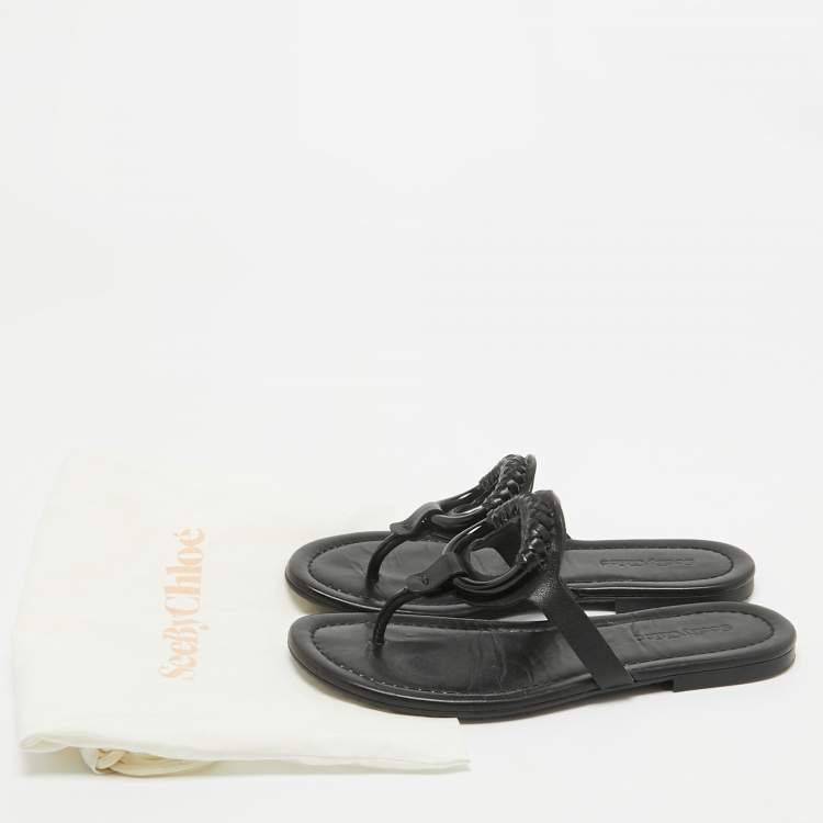 Pre Owned See by Chloe Black Leather Hana Flat Slides Size 38