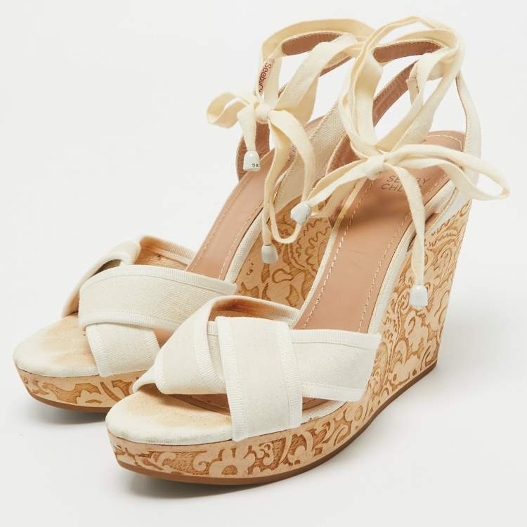 Pre Owned See by Chloe White Canvas Wedges Platform Ankle Wrap Sandals Size 39