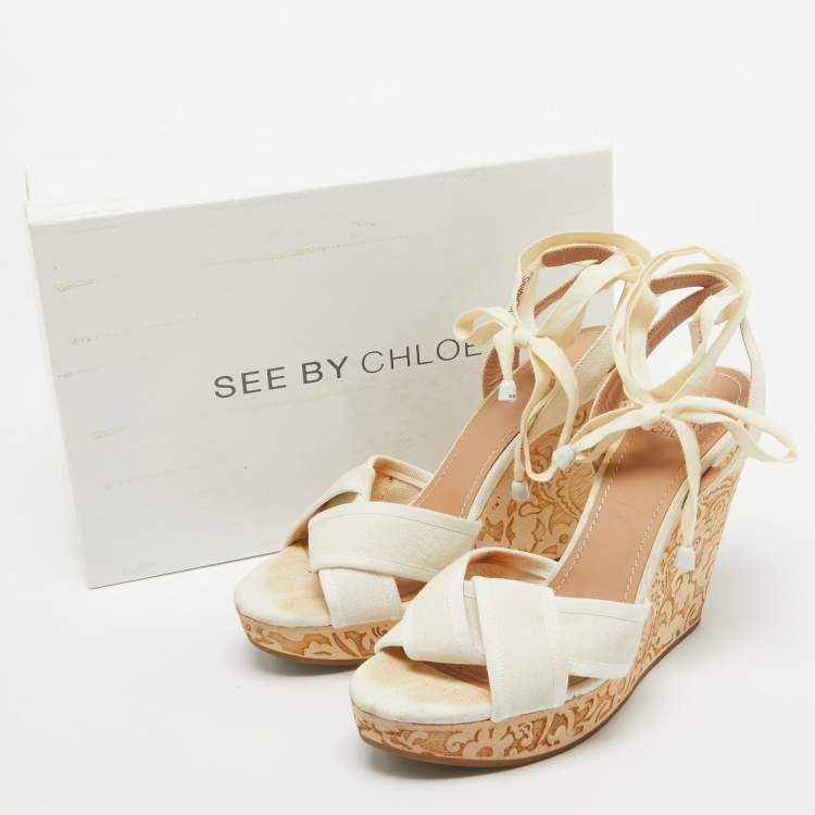 Pre Owned See by Chloe White Canvas Wedges Platform Ankle Wrap Sandals Size 39