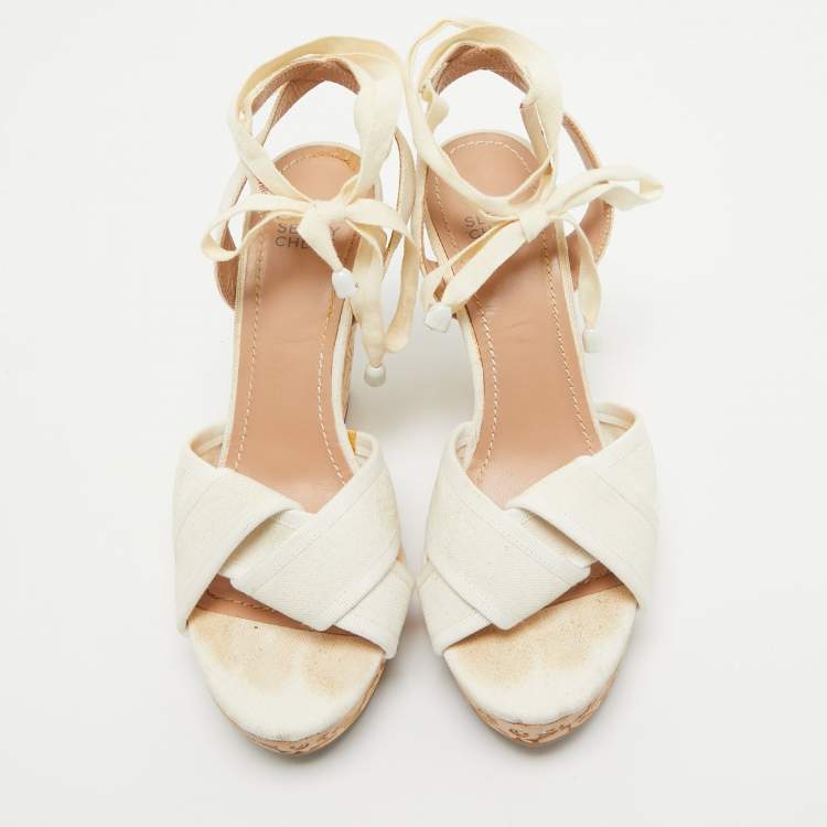 Pre Owned See by Chloe White Canvas Wedges Platform Ankle Wrap Sandals Size 39