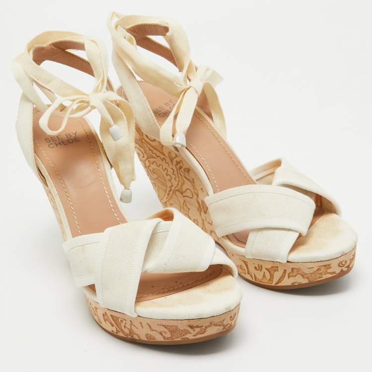 Pre Owned See by Chloe White Canvas Wedges Platform Ankle Wrap Sandals Size 39
