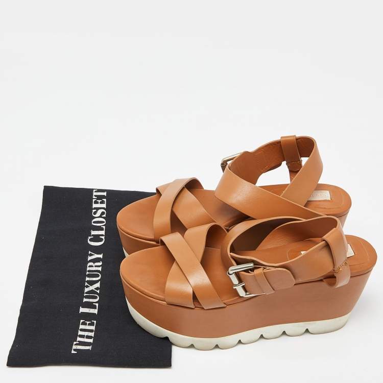 Pre Owned See by Chloe Brown Leather  Wedge Platform Ankle Strap Sandals Size 37