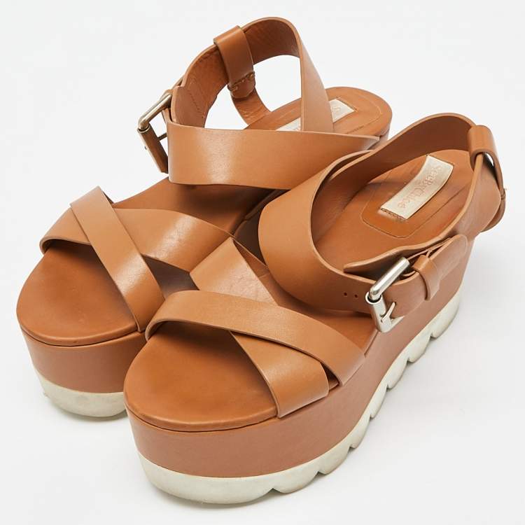 Pre Owned See by Chloe Brown Leather  Wedge Platform Ankle Strap Sandals Size 37