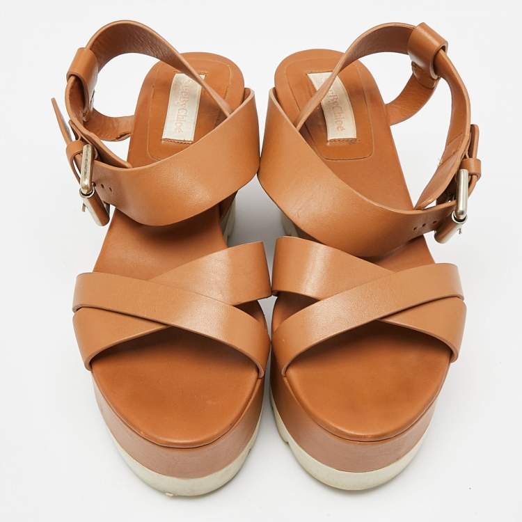 Pre Owned See by Chloe Brown Leather  Wedge Platform Ankle Strap Sandals Size 37