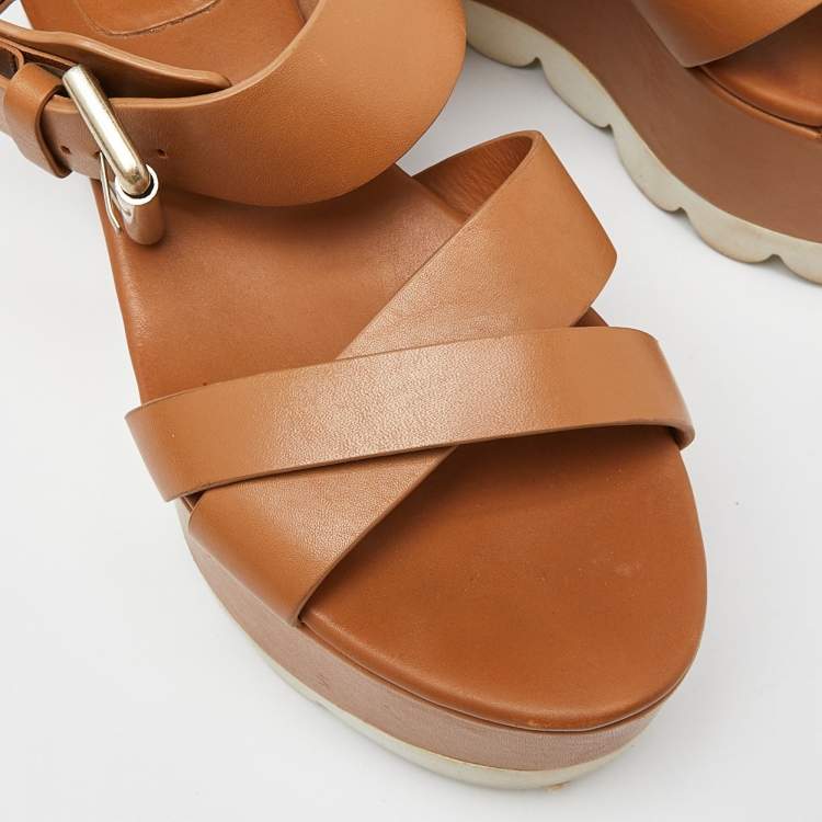 Pre Owned See by Chloe Brown Leather  Wedge Platform Ankle Strap Sandals Size 37
