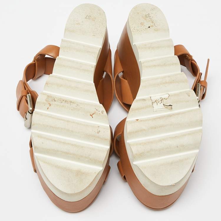 Pre Owned See by Chloe Brown Leather  Wedge Platform Ankle Strap Sandals Size 37