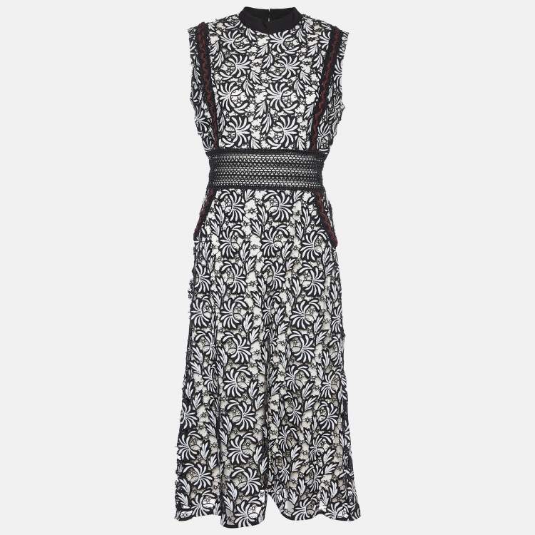Pre Owned Self-Portrait Black/White Lace Sleeveless Midi Dress M