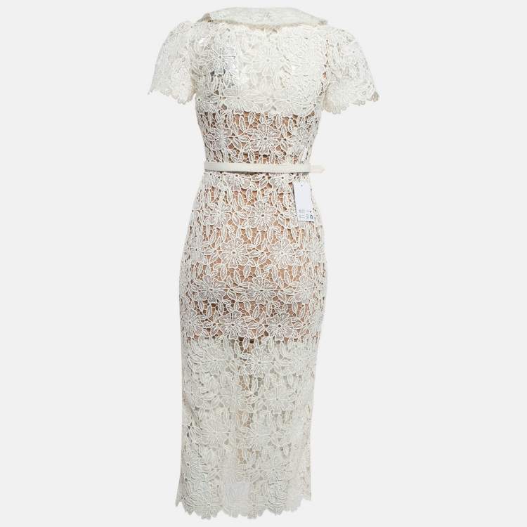 Pre Owned Self-Portrait Cream Lace Belted Midi Dress XS