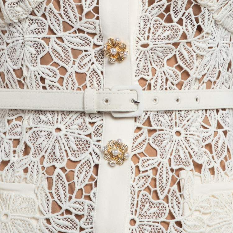 Pre Owned Self-Portrait Cream Lace Belted Midi Dress XS