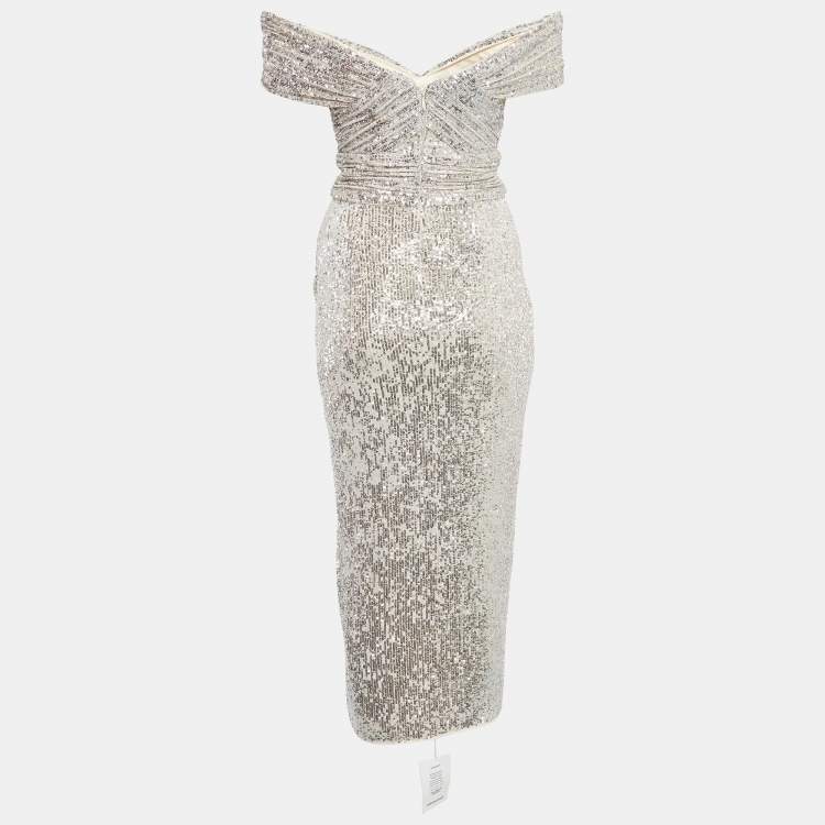 Pre Owned Self-Portrait Silver Sequin Off-Shoulder Wrap Midi Dress S