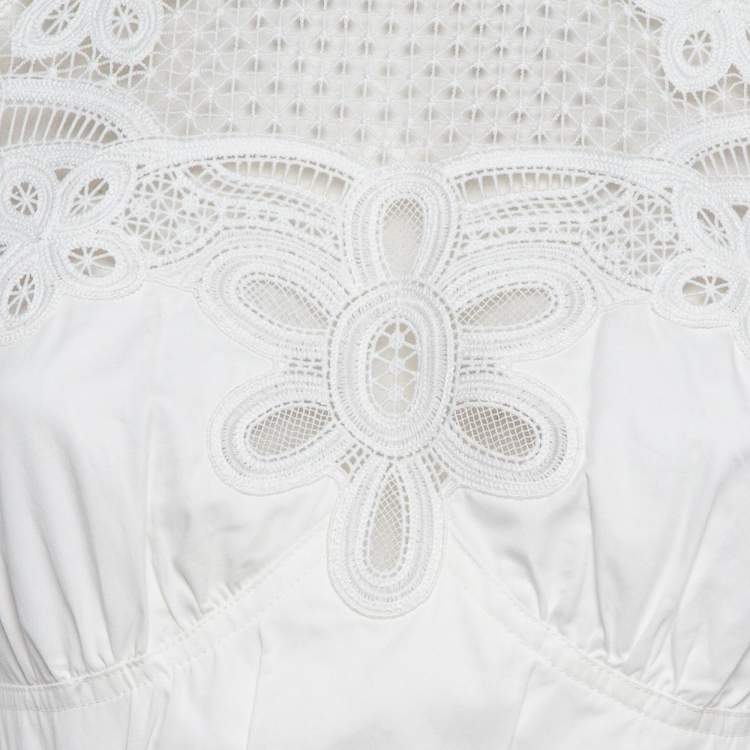 Pre Owned Self-Portrait White Cotton Lace Bib Detail Sleeveless Midi Dress S