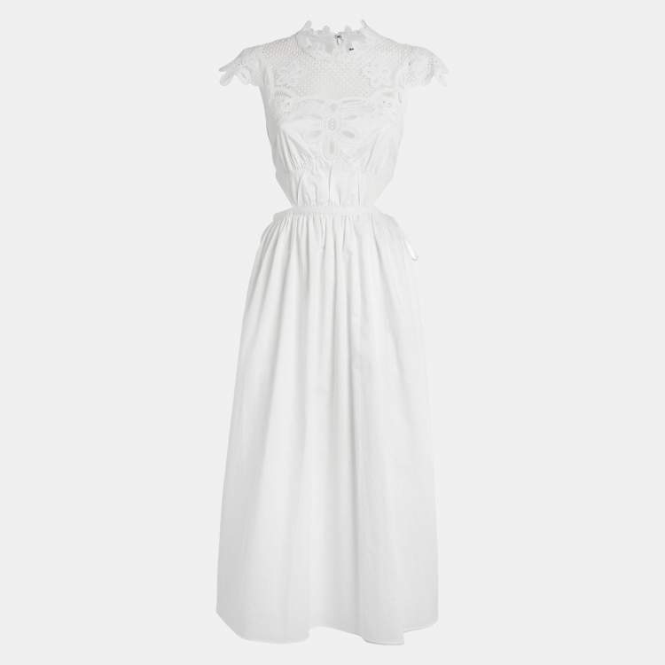 Pre Owned Self-Portrait White Cotton Lace Bib Detail Sleeveless Midi Dress S