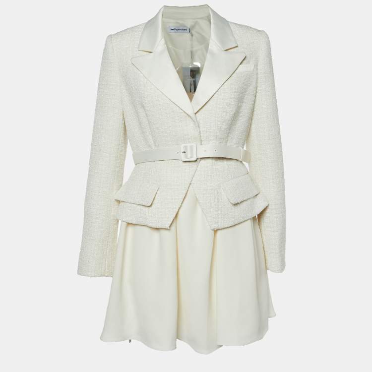 Pre Owned Self-Portrait Cream Boucle Tweed Tailored Mini Dress L