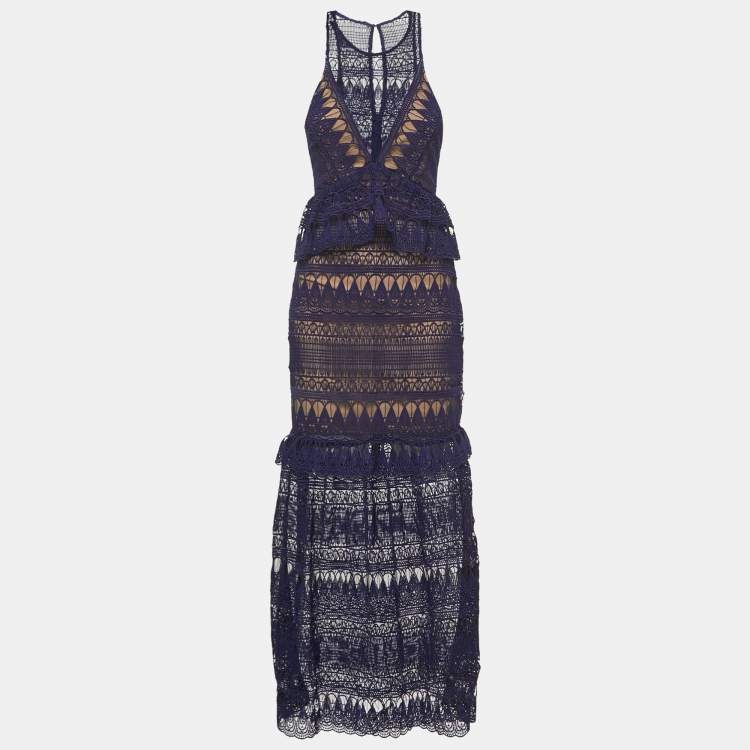 Pre Owned Self-Portrait Navy Blue Teardrop Guipure Lace Paneled Maxi Dress M