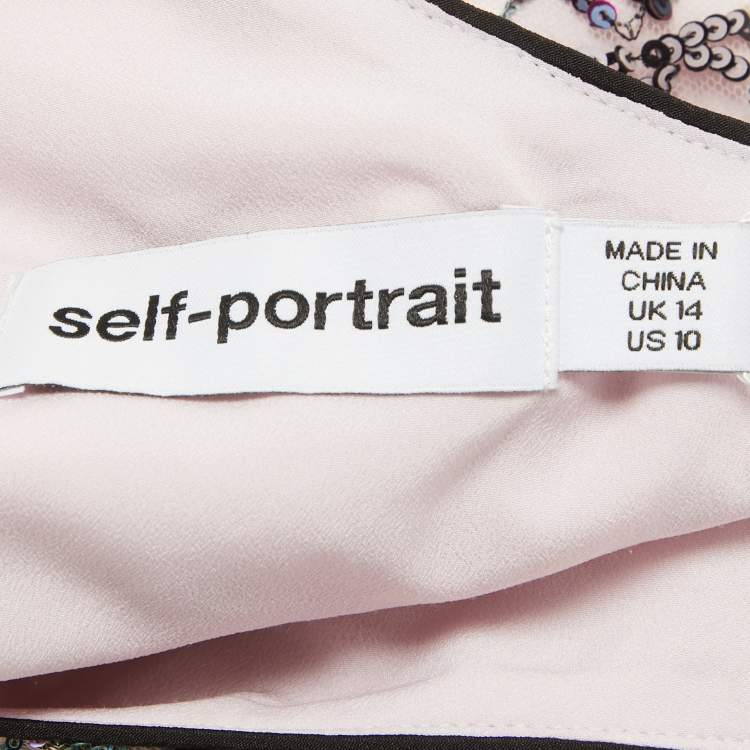 Pre Owned Self-Portrait Pink Constellation Sequin Embroidery Crepe One-Shoulder Top L